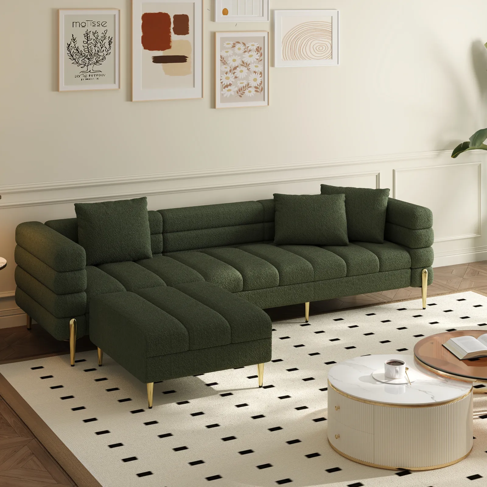 2311 mm Boucle Modular 4-Piece L-Shaped Couch with Chaise Modern Green 3-Seater Sofa