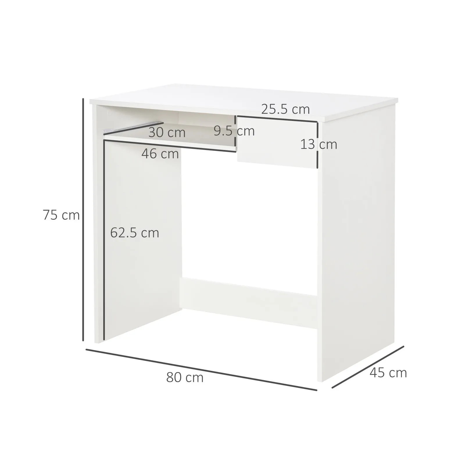 HOMCOM Compact Computer Table w/ Keyboard Tray Drawer Study Office Work in White 3