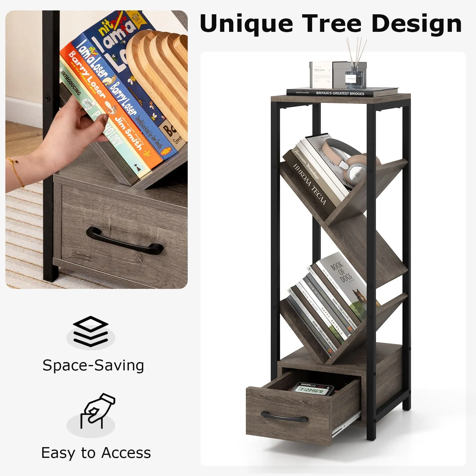 Costway Tree Bookshelf 4 Tier Floor Standing Storage Organizer w/Drawer in Grey 4