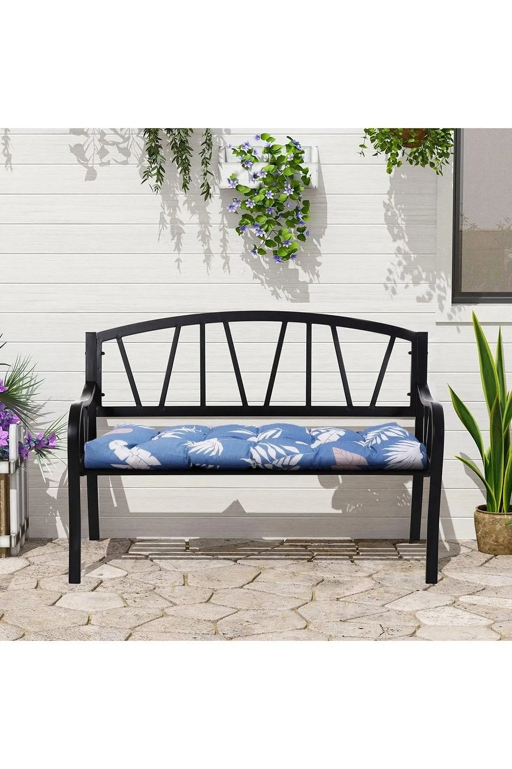 Garden Sanctuary 130cm W x 50cm D Blue Waterproof Sunproof Bench Cushion with Leaf Print