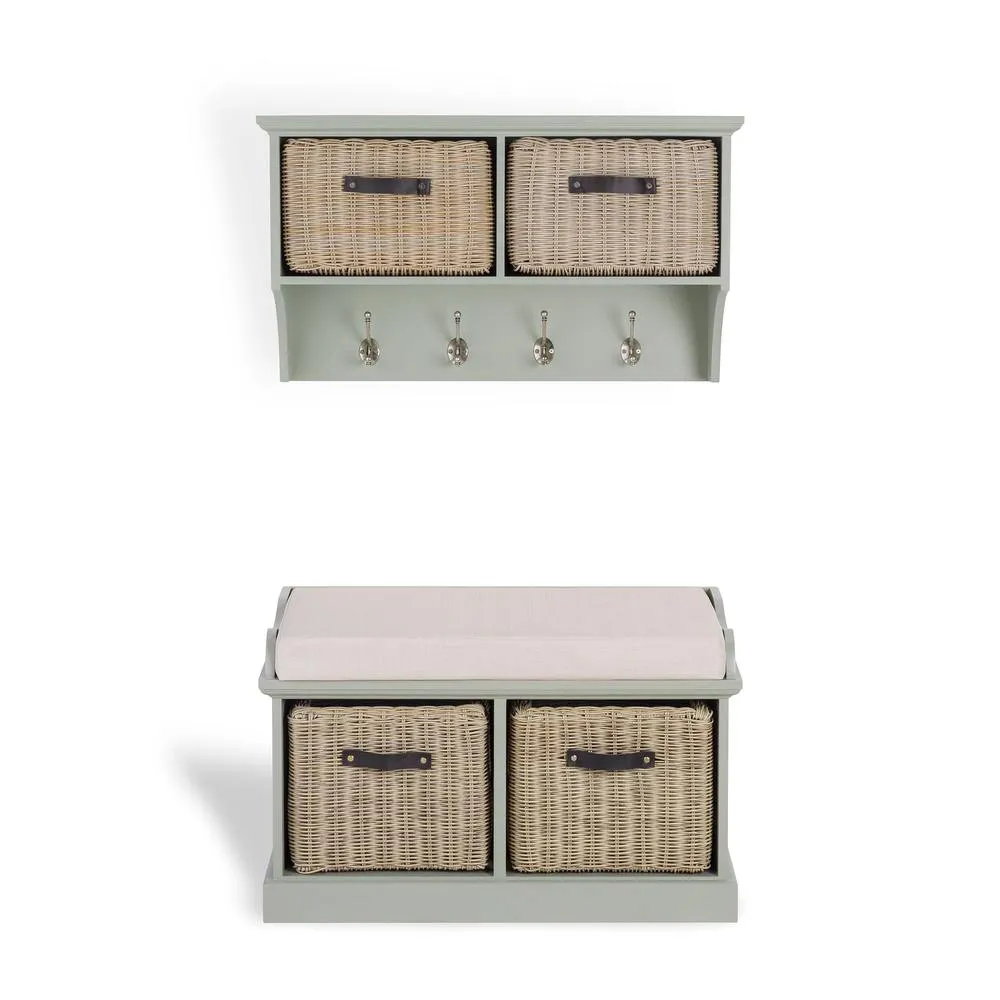 Statement Furniture Tetbury 2 Brown Faux Rattan Basket & Cream Cushion Hallway Set in Light Green 2