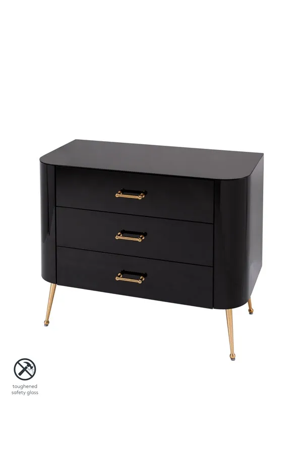 Mason Black Glass Chest of Drawers – Brushed Gold Legs
