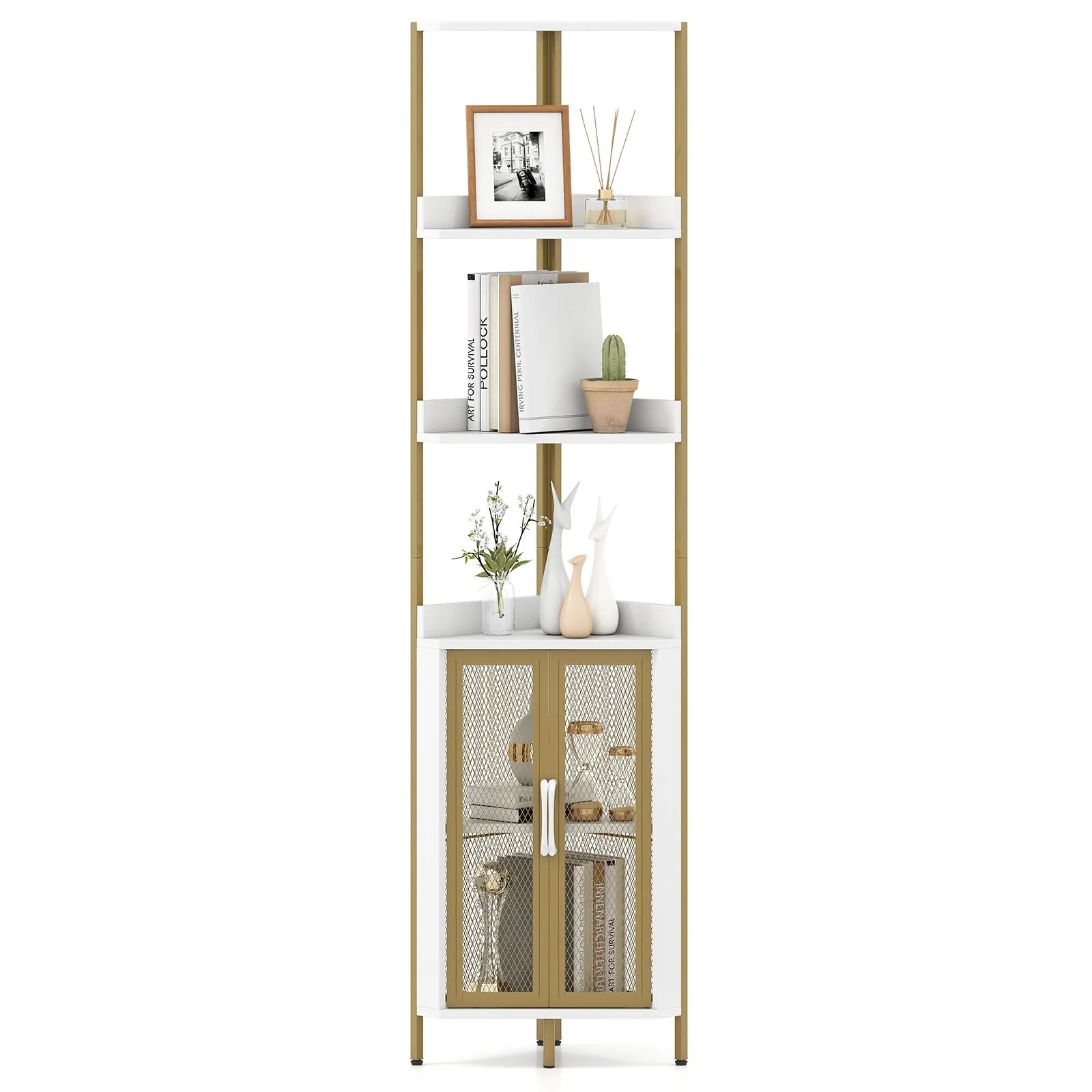 Costway 6-Tier Corner Shelf Industrial Bookcase Display Shelf w/ Cabinet in White