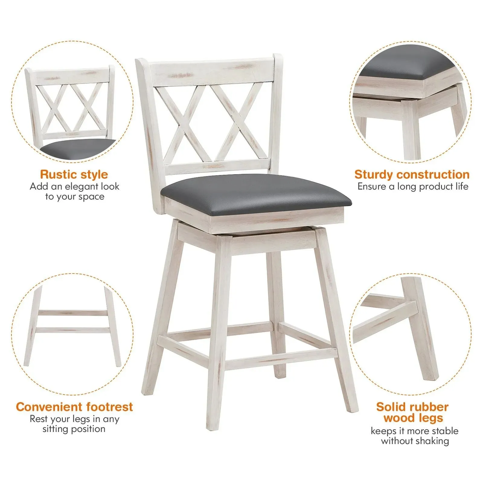 Costway Set of 2 Bar Stools Counter Height Chair Pub 360 °Swiveling Upholstered Seat 24" in White 5