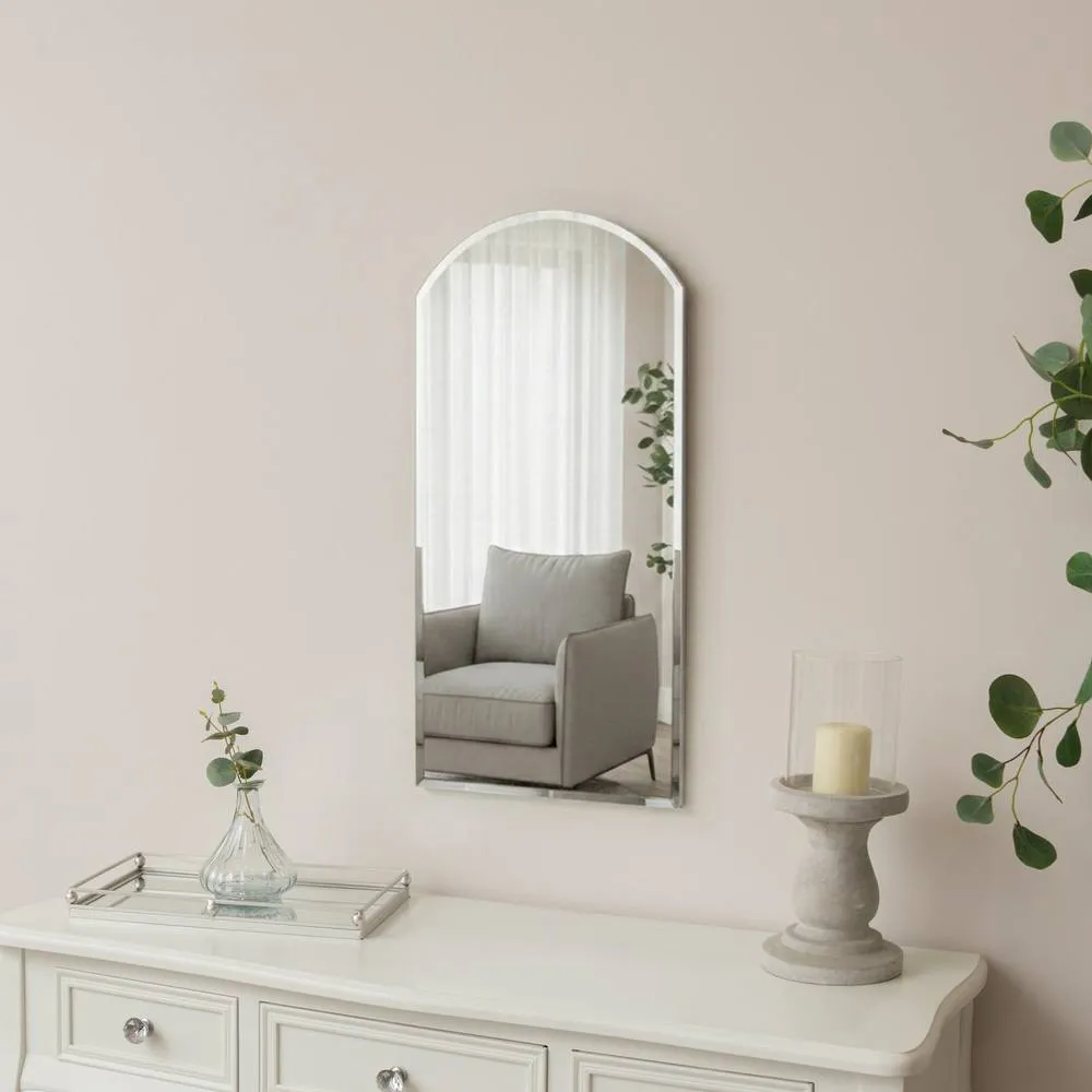 Melody Maison Arched Frameless Bevelled Wall Mirror - 35cm X 71cm in Silver