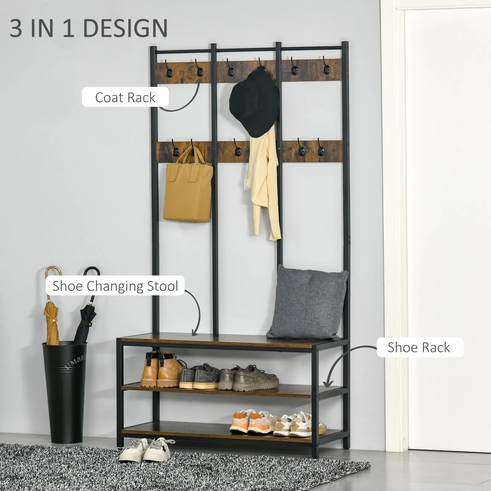 HOMCOM Industrial Coat Rack Shoe Bench Hall Tree Entryway Clothes Storage in Brown 4