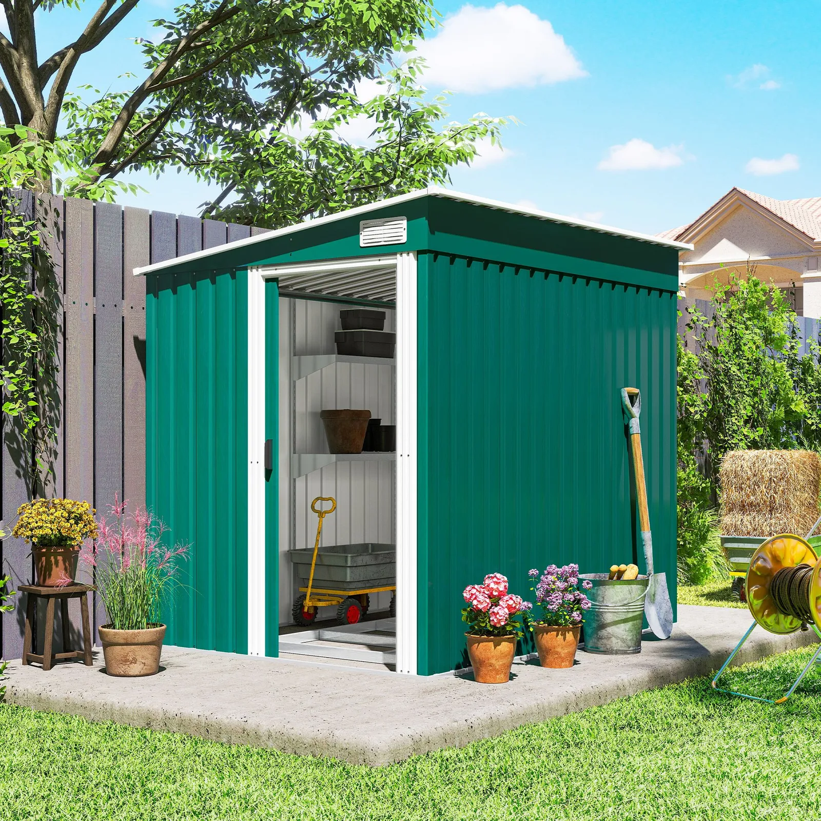 OUTSUNNY 7 x 5FT Garden Shed w/ Foundation Lean to Metal Tool Shed Green