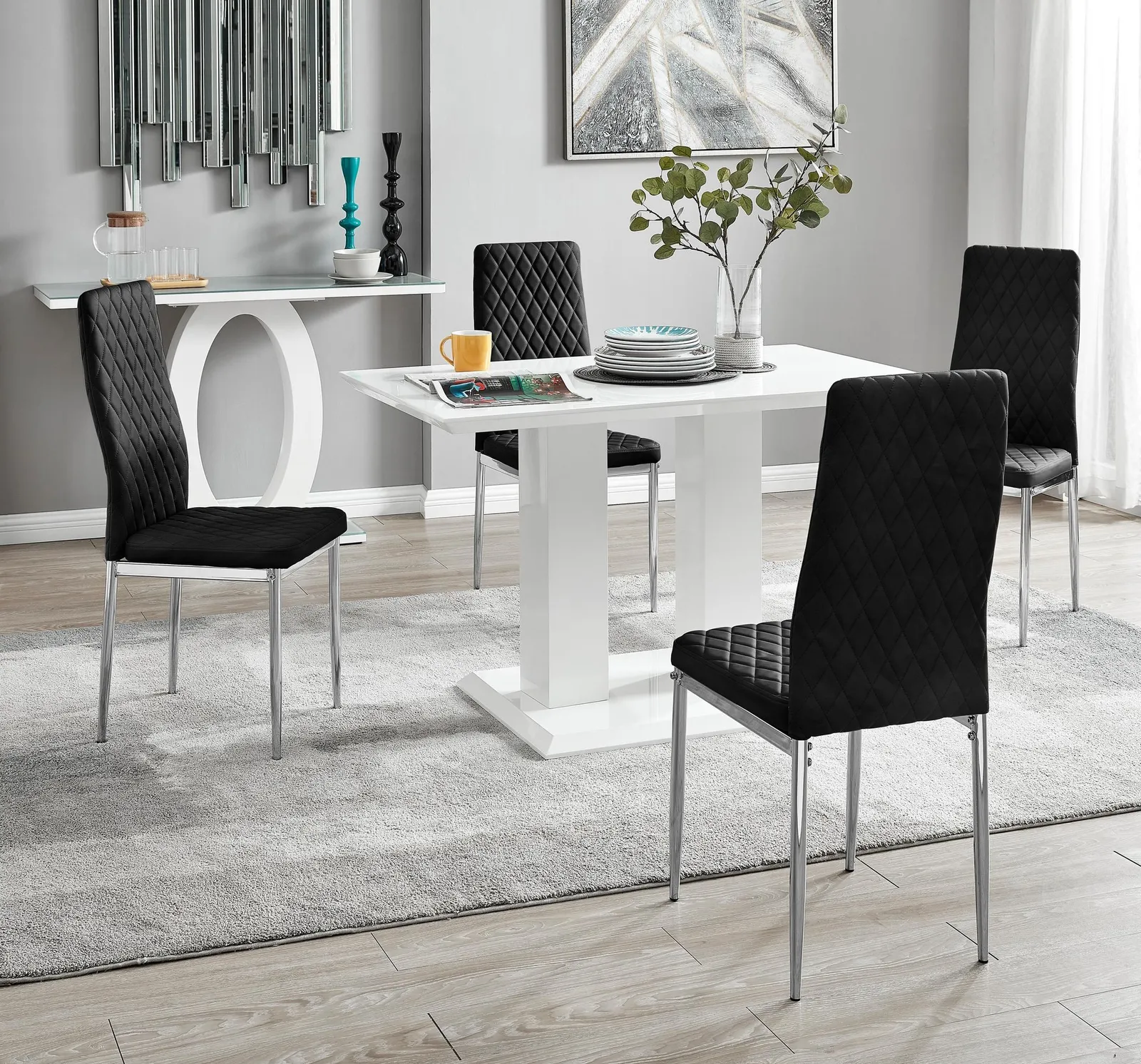 FurnitureboxUK Imperia 4 Seater Modern White High Gloss Rectangular Dining Table & 4 Milan Velvet Chairs in Black
