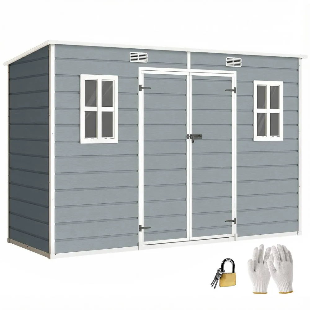 OUTSUNNY 10 x 4 ft Plastic Garden Shed with Floor, Lockable Doors, Grey in Light Grey 2