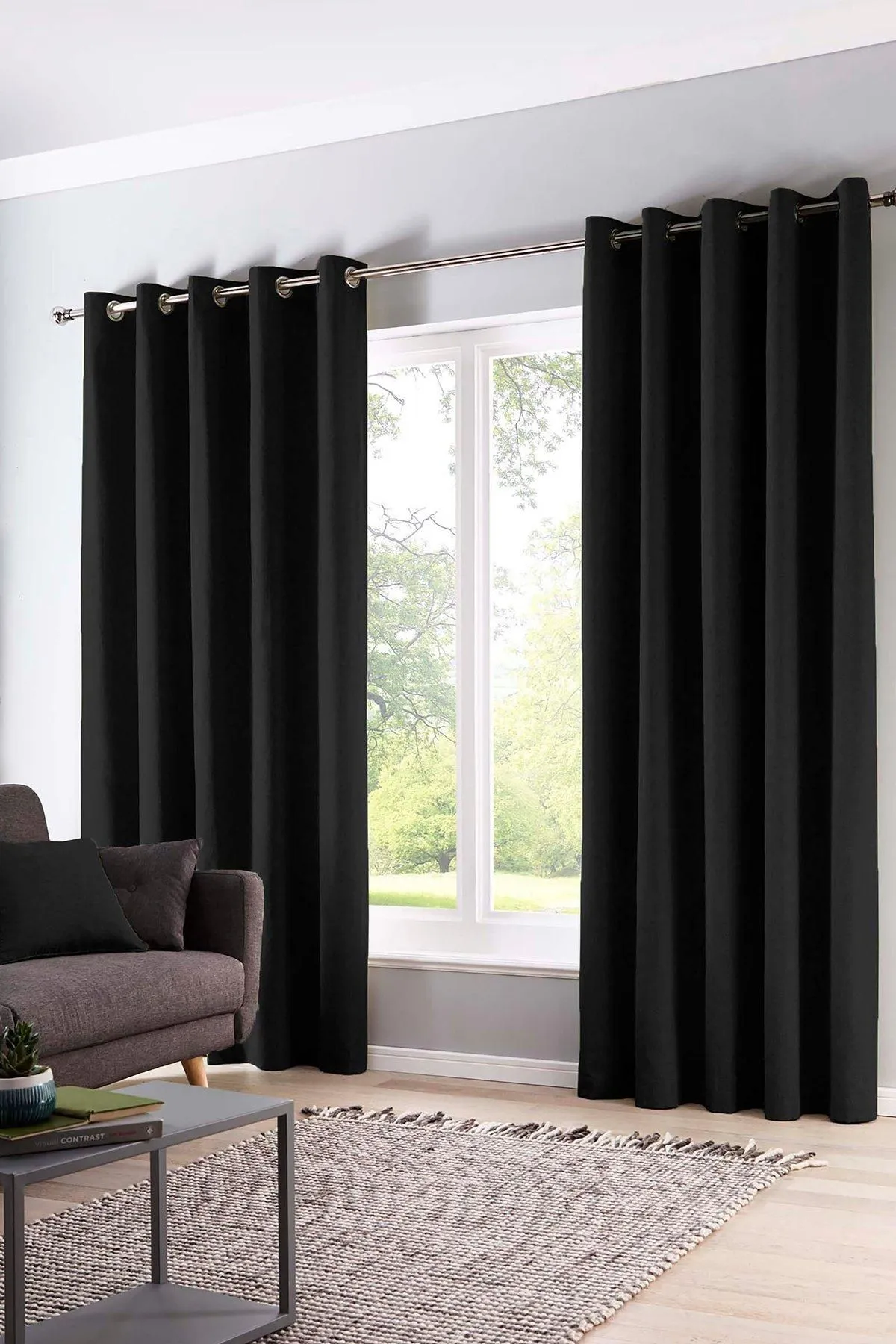 Fusion 'Sorbonne' 100% Cotton Light Filtering Plain Dyed Eyelet Curtains in Black