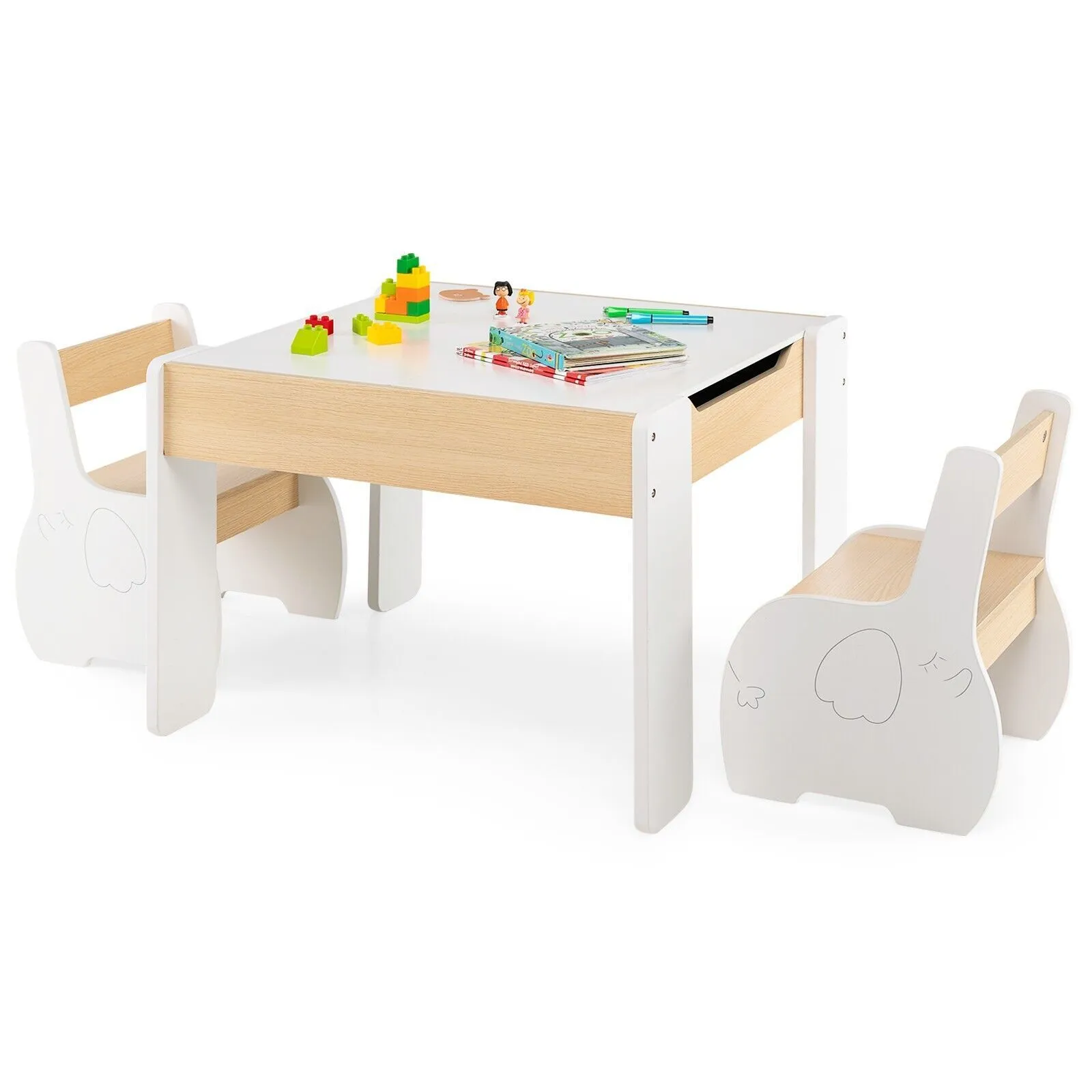 Costway Table & Chair Set Activity Desk 2 Chairs with Reversible Blackborad in White