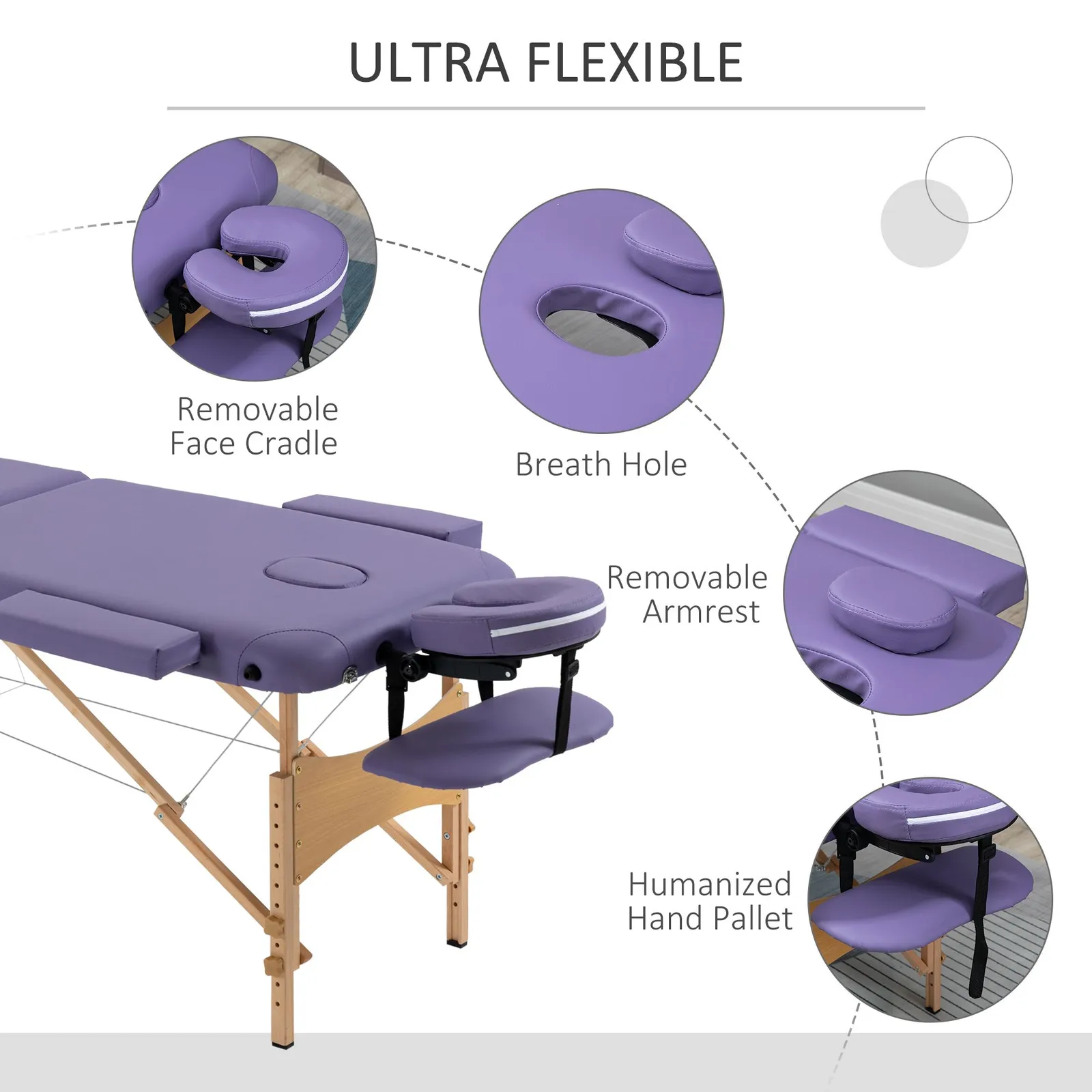 HOMCOM Wooden Folding Spa Beauty Massage Table w/ 2 Sections, Carry Bag in Purple 5