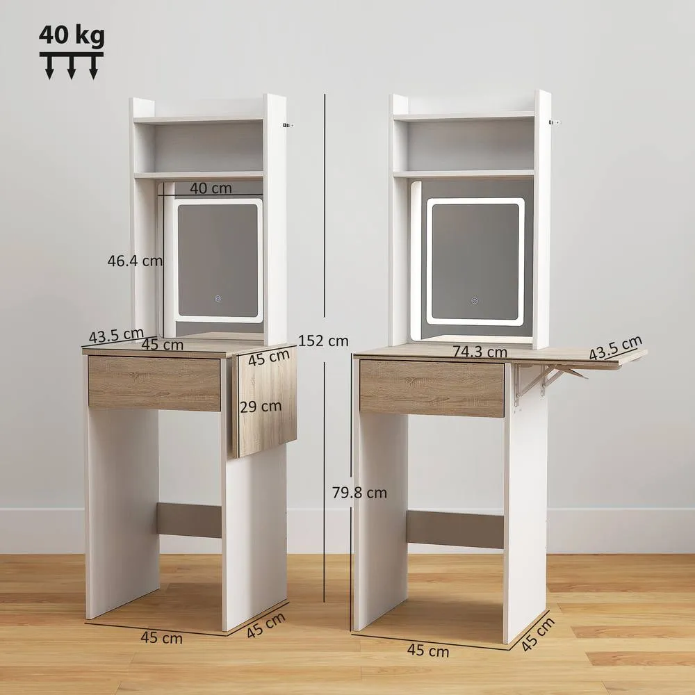 HOMCOM Compact Dressing Table with Lighted Mirror Open Shelves Drawer in White 3