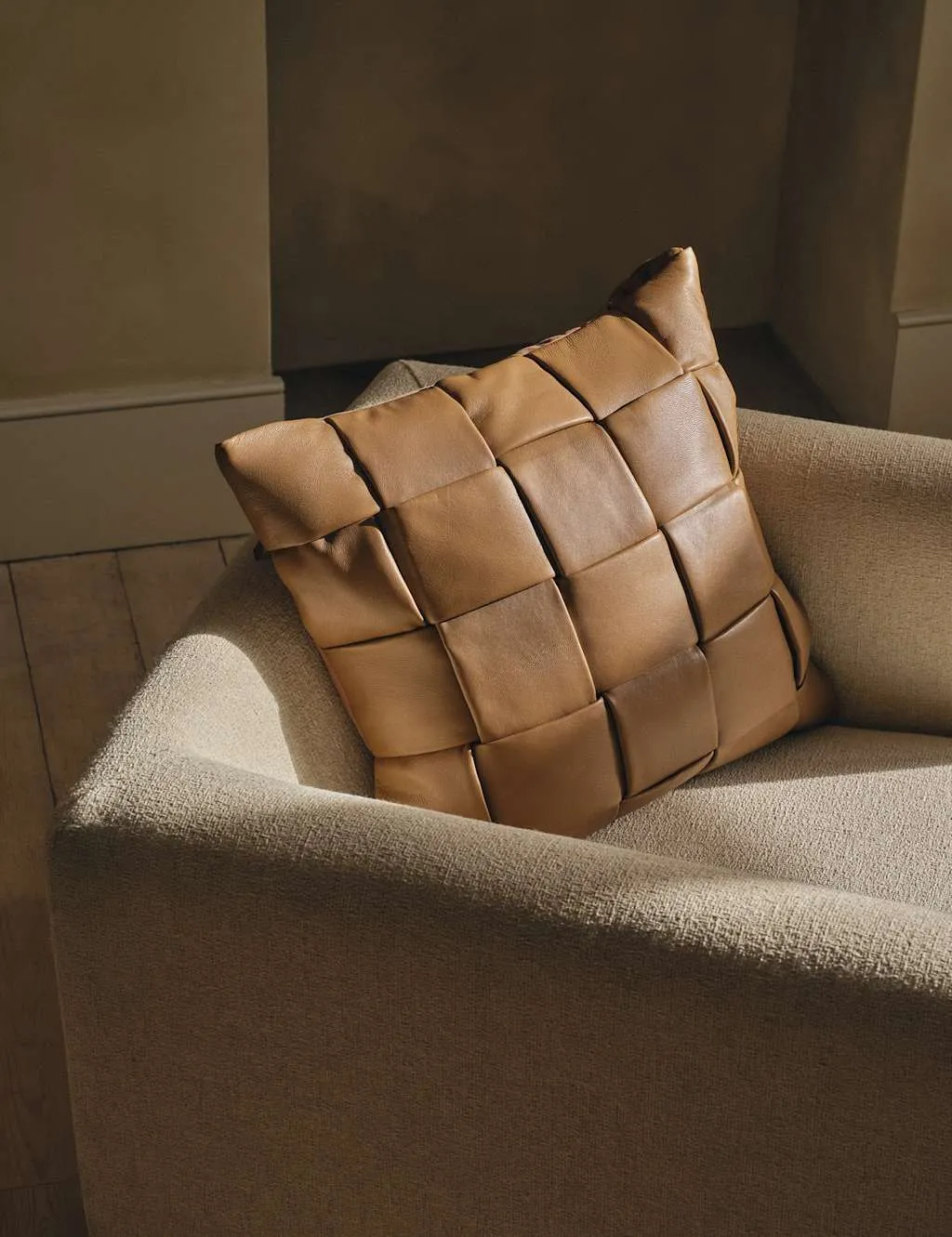M&S Leather Basket Weave Cushion Brown