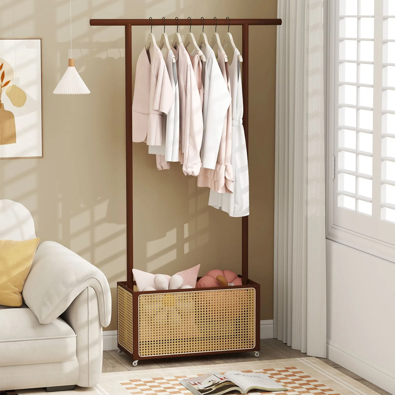 Costway Bamboo Clothes Rack Coat Hanger Stand with Rattan Storage Basket in Brown 4
