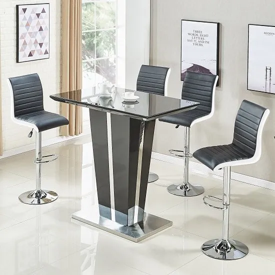 Memphis Glass Bar Table In High Gloss Black And 4 Ritz Stools