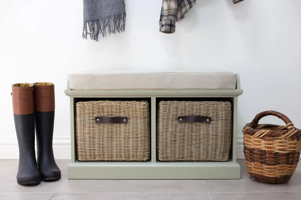 Statement Furniture Tetbury Bench with 2 Brown Faux Rattan Baskets & Cream Cushion in Light Green
