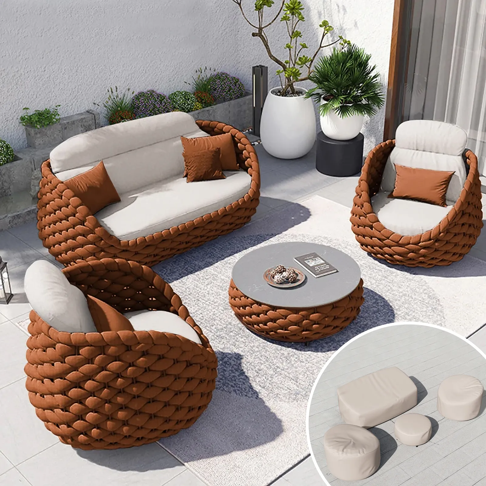 Cocaro 8-Piece Outdoor Rope Weave Swivel Sofa Set with Ivory Cover in Orange