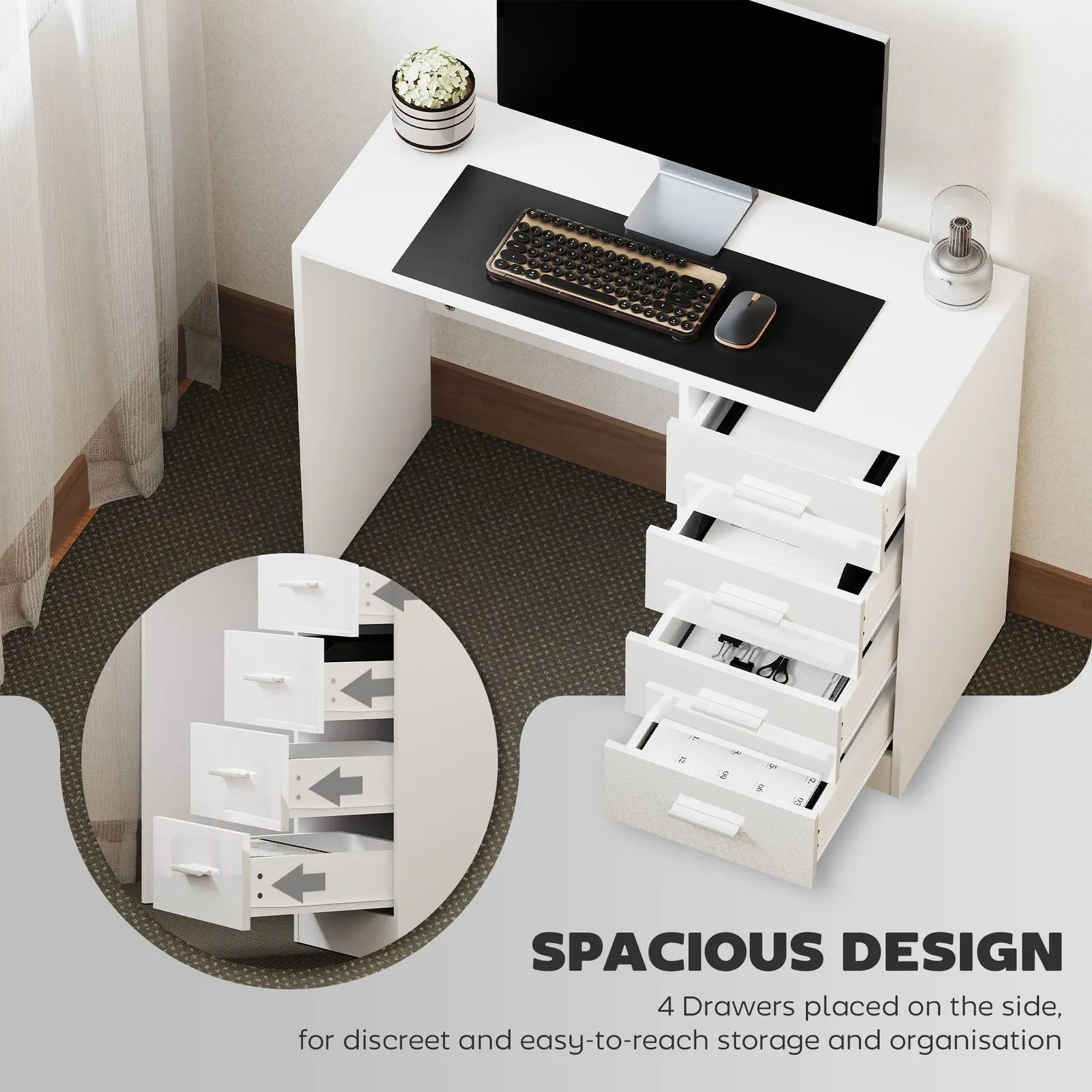 HOMCOM Computer Writing Desk, Study Table with 4 Drawers in White 4