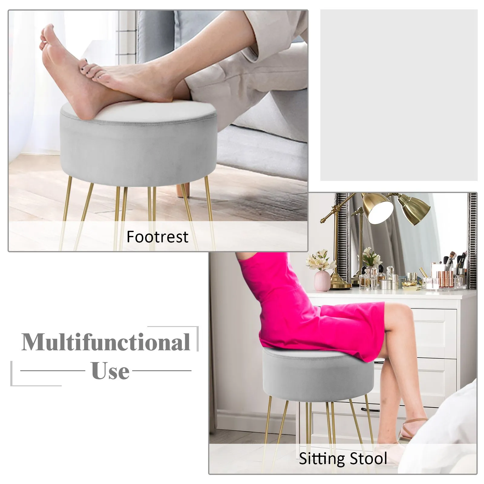 Costway Velvet Modern Round Footstool Ottoman Footrest Makeup Dressing Chair Seat Home in Grey 5