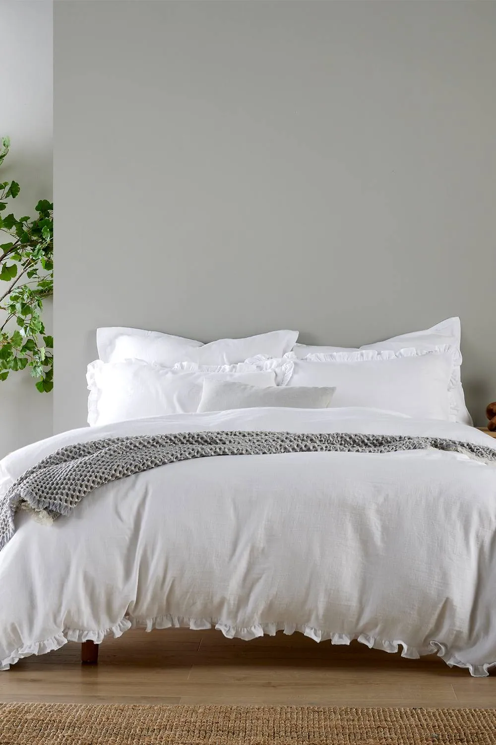 CHRISTY Double Layered Relaxed Cotton Ruffle Design Duvet Cover Set in White