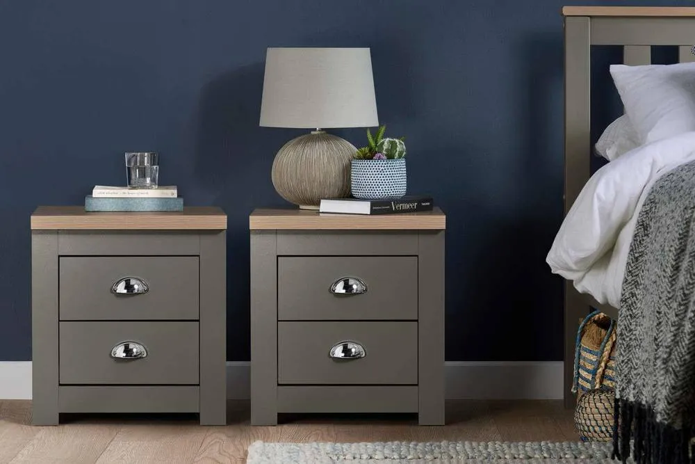 Birlea Pair of Bedside Cabinet Highgate 2 Drawer Chest Farmhouse Style Grey in Dark Grey
