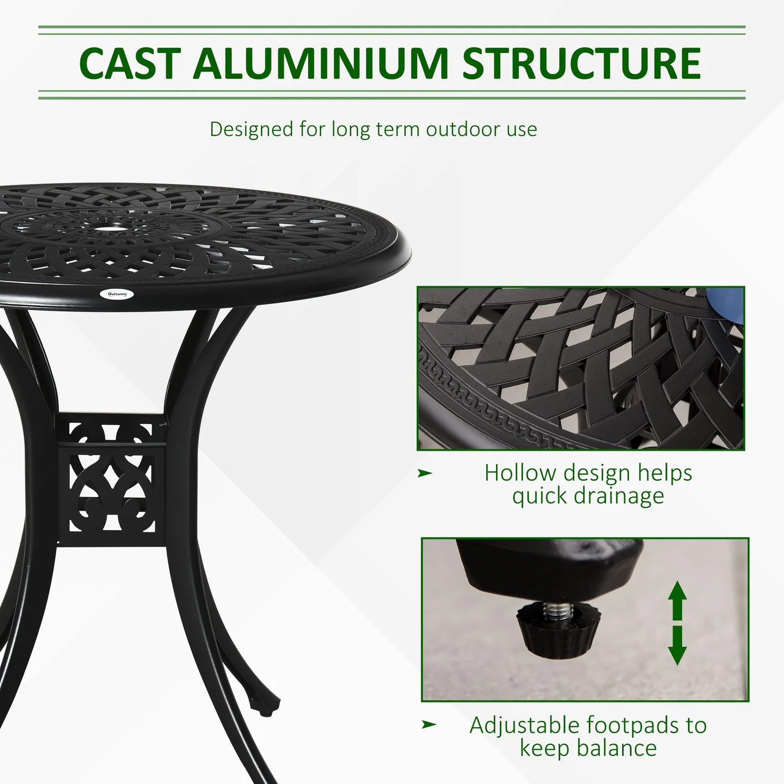 OUTSUNNY 78cm Round Garden Dining Table Only with Parasol Hole Cast Aluminium in Black 4