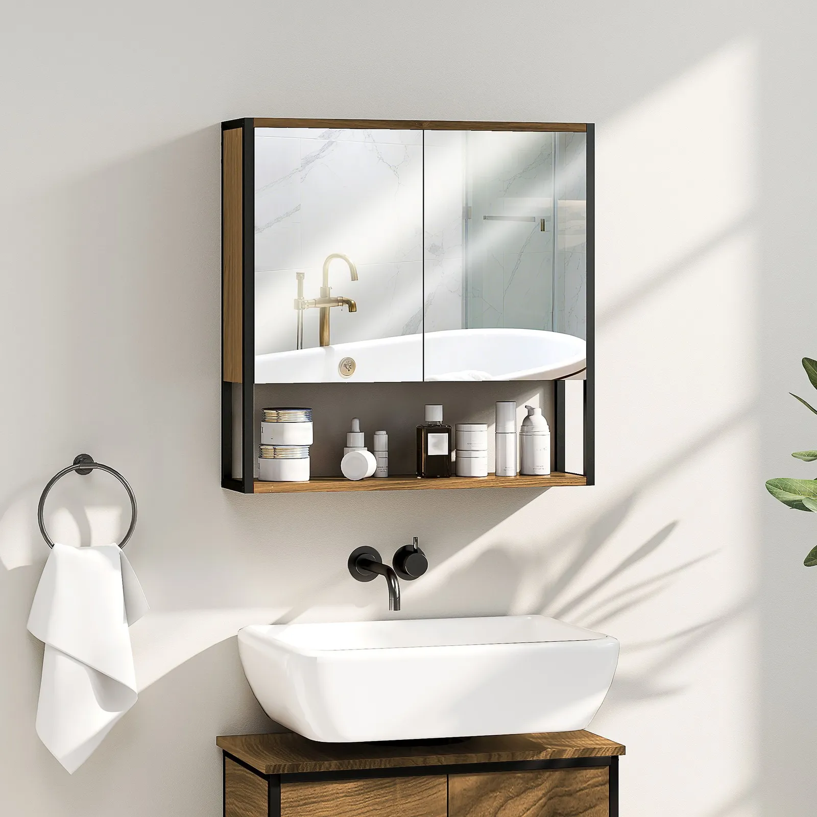HOMCOM Industrial Bathroom Cabinet with 2 Mirrored Doors Open Shelf, Natural