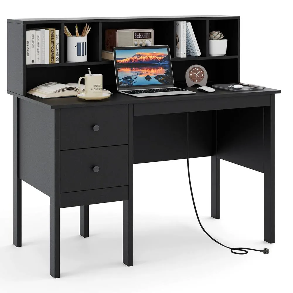 Costway Computer Desk 120 CM Writing Desk with Power Outlets & Drawers in Black