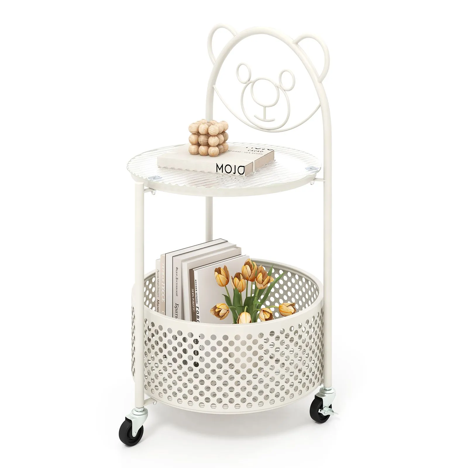 Costway Mobile Glass Coffee Table 2-Tier Round End Table w/Bear Pattern in White