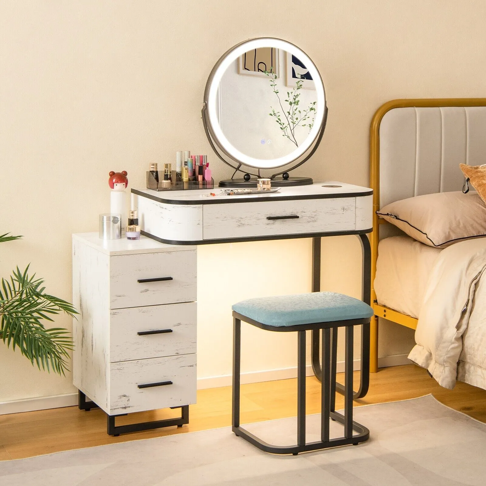 Costway Dressing Table Vanity Set Makeup Stool w/ Charging Station & 3Color Lighted Swivel Mirror & 3Drawer Chest in White 4