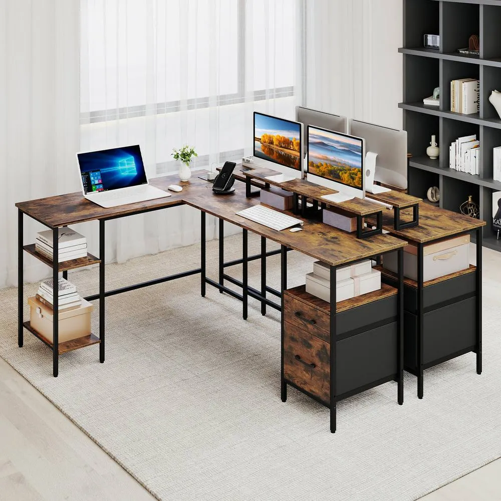 Costway L-shaped Desk with Power Outlets Reversible Corner Desk in Brown 3