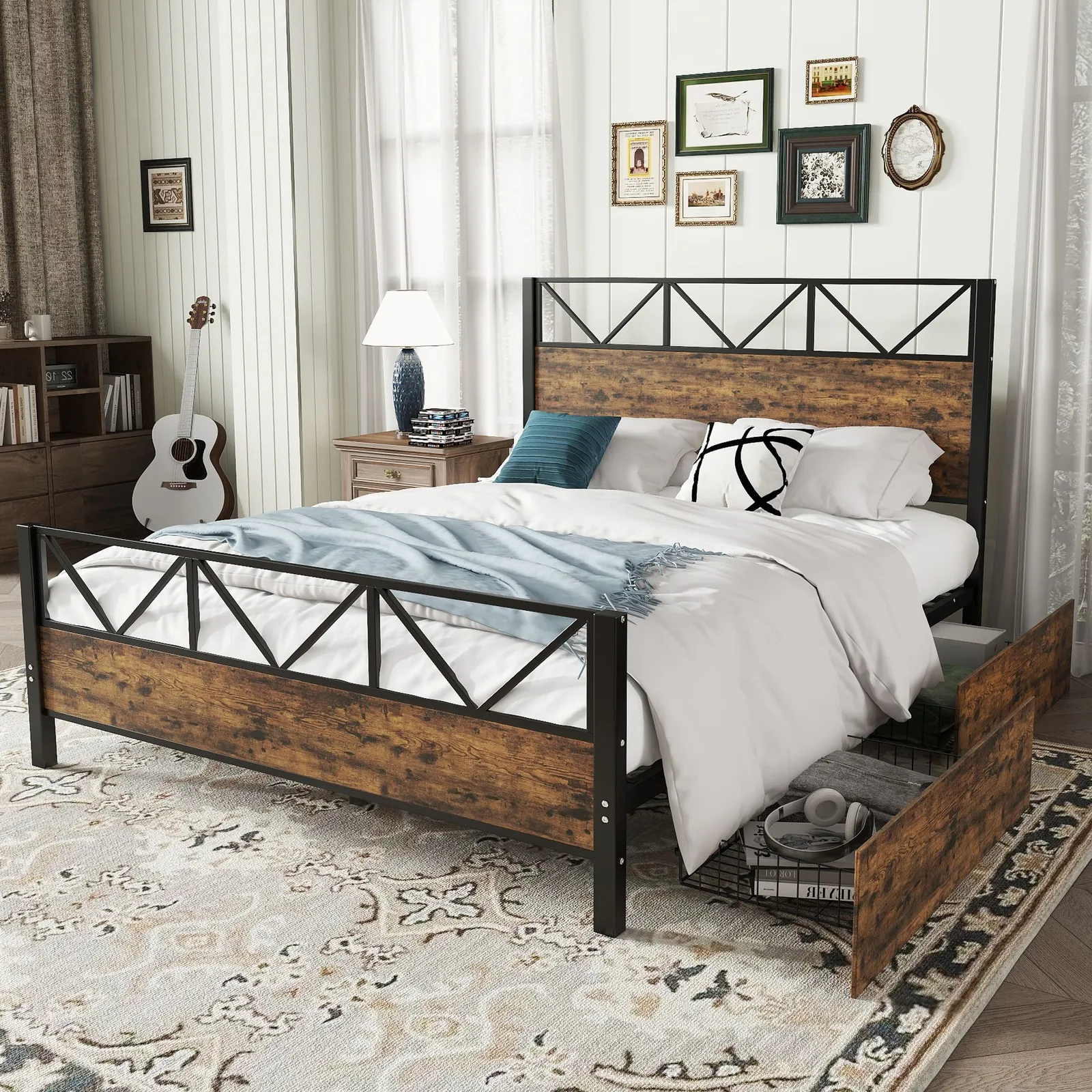 Matteo Metal Bed, 4ft6 Double Bed With 2 Drawerss, Durable & Sturdy in Black