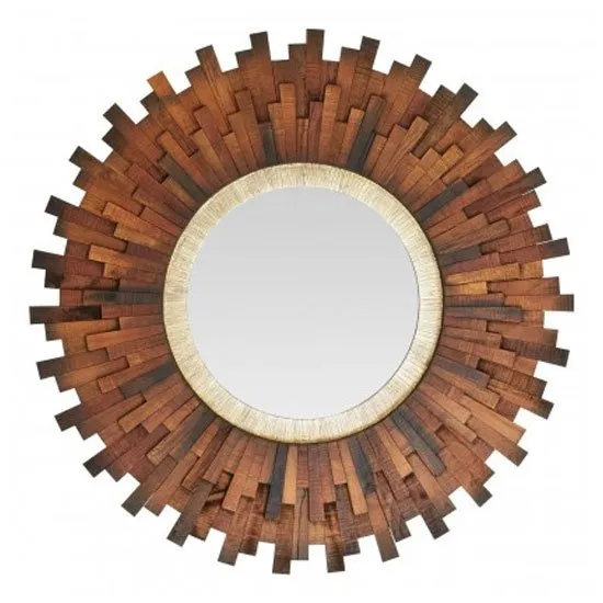 Exotic Sunburst Design Wall Bedroom Mirror In Natural Dark Frame