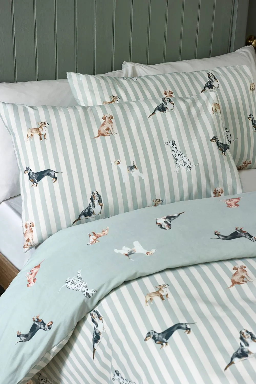Catherine Lansfield Dog Stripe Reversible Duvet Cover Set in Green 3