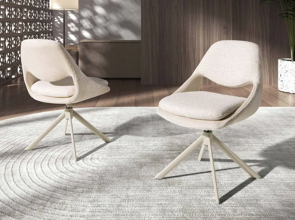 Angel Cerda Swivel dining chair in off-white & cream fabric with stainless steel legs 6