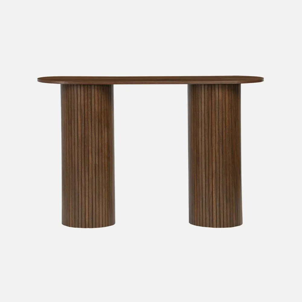 sweeek Scandinavian Oval Console With Grooved Wooden Effect in Dark Brown 2