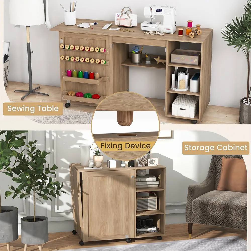 Costway Folding Sewing Table Rolling Sewing Machine Craft Station w/18 Pegs in Brown 5