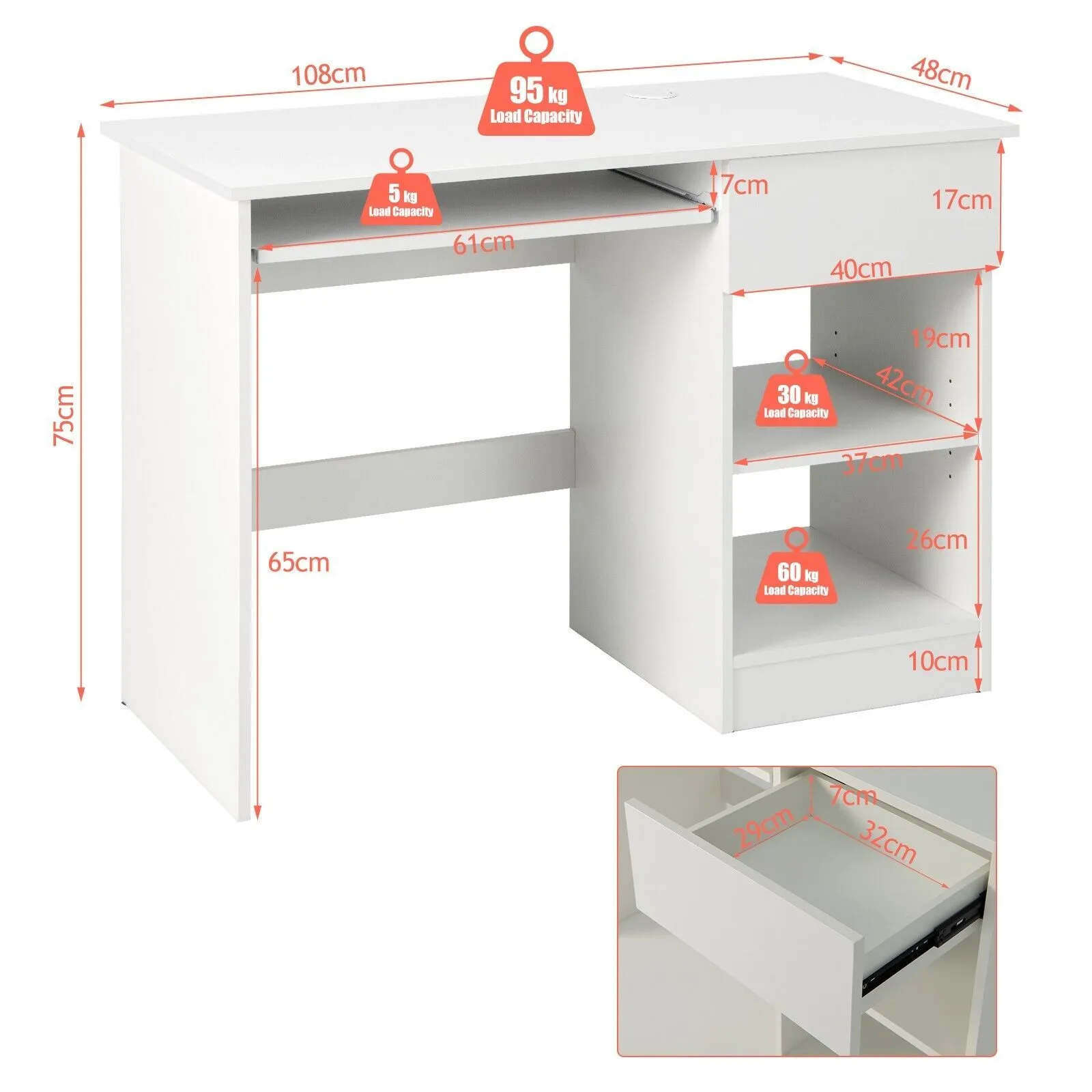 Costway Modern Computer Desk Workstation PC Laptop Table w/ Keyboard Tray & Drawer in White 2