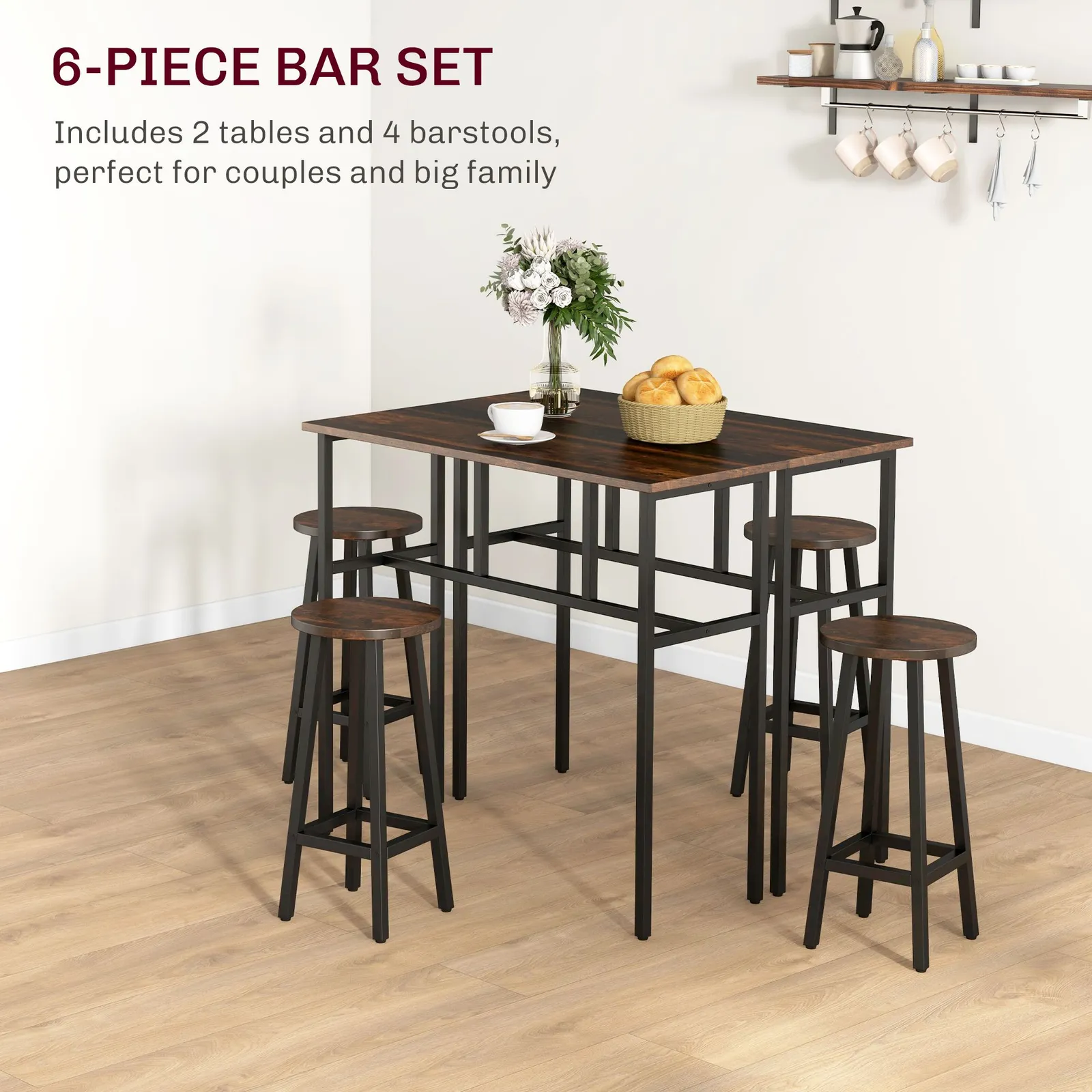 HOMCOM 6-Piece Bar Table Set, 2 Breakfast Tables with 4 Stools, Counter Height Dining Tables & Chairs for Kitchen, Living Room in Brown 4