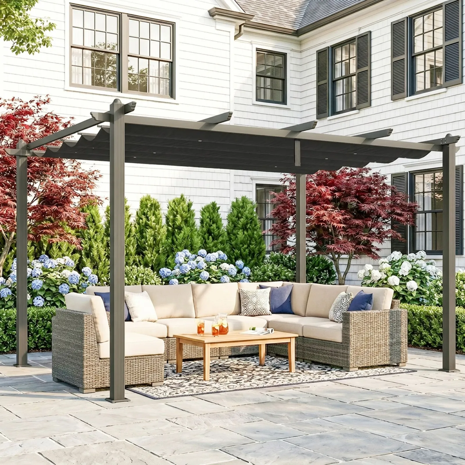 OUTSUNNY Aluminium Pergola with Retractable Roof, Garden Gazebo Canopy in Dark Grey