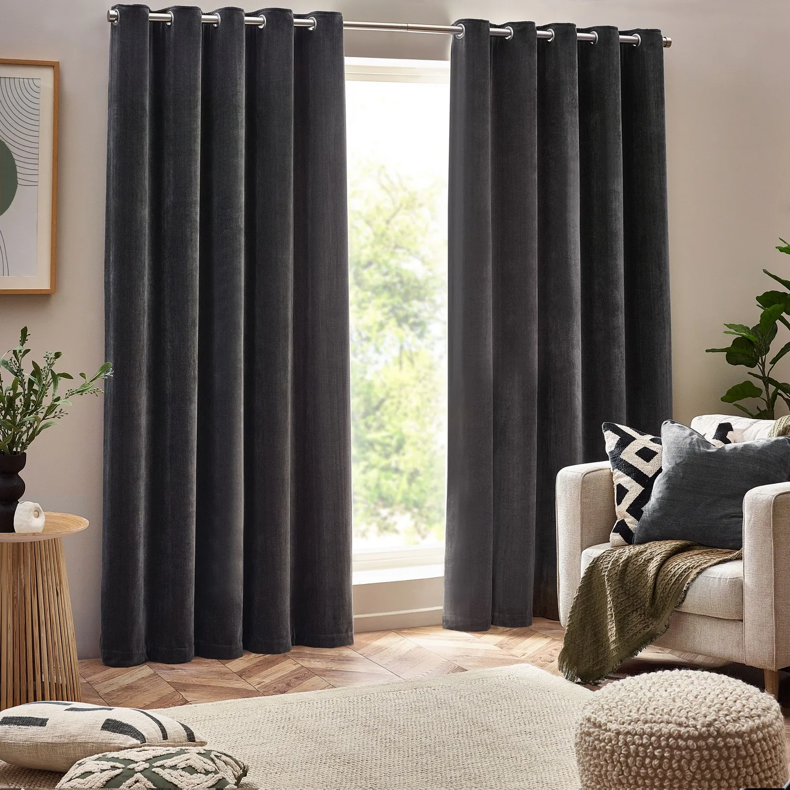 Yard Heavy Chenille Velvet Room Darkening Eyelet Curtain Pair in Charcoal 2