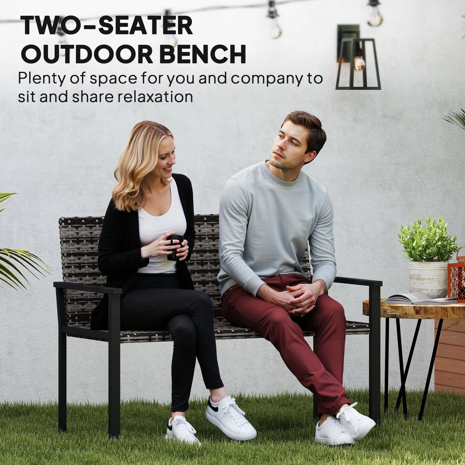 OUTSUNNY Rattan Garden Bench Loveseat with Quick-Drying Padding in Grey 4