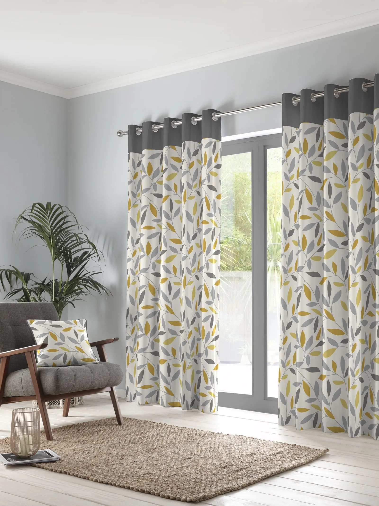 Fusion 'Beechwood' Leaf Trail Pair of 100% Cotton Eyelet Curtains in Mustard 4