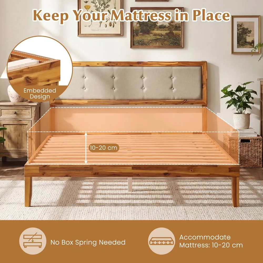 Costway King Size Bed Frame Solid Acacia Wood Platform Beds w/Tufted Headboard 6