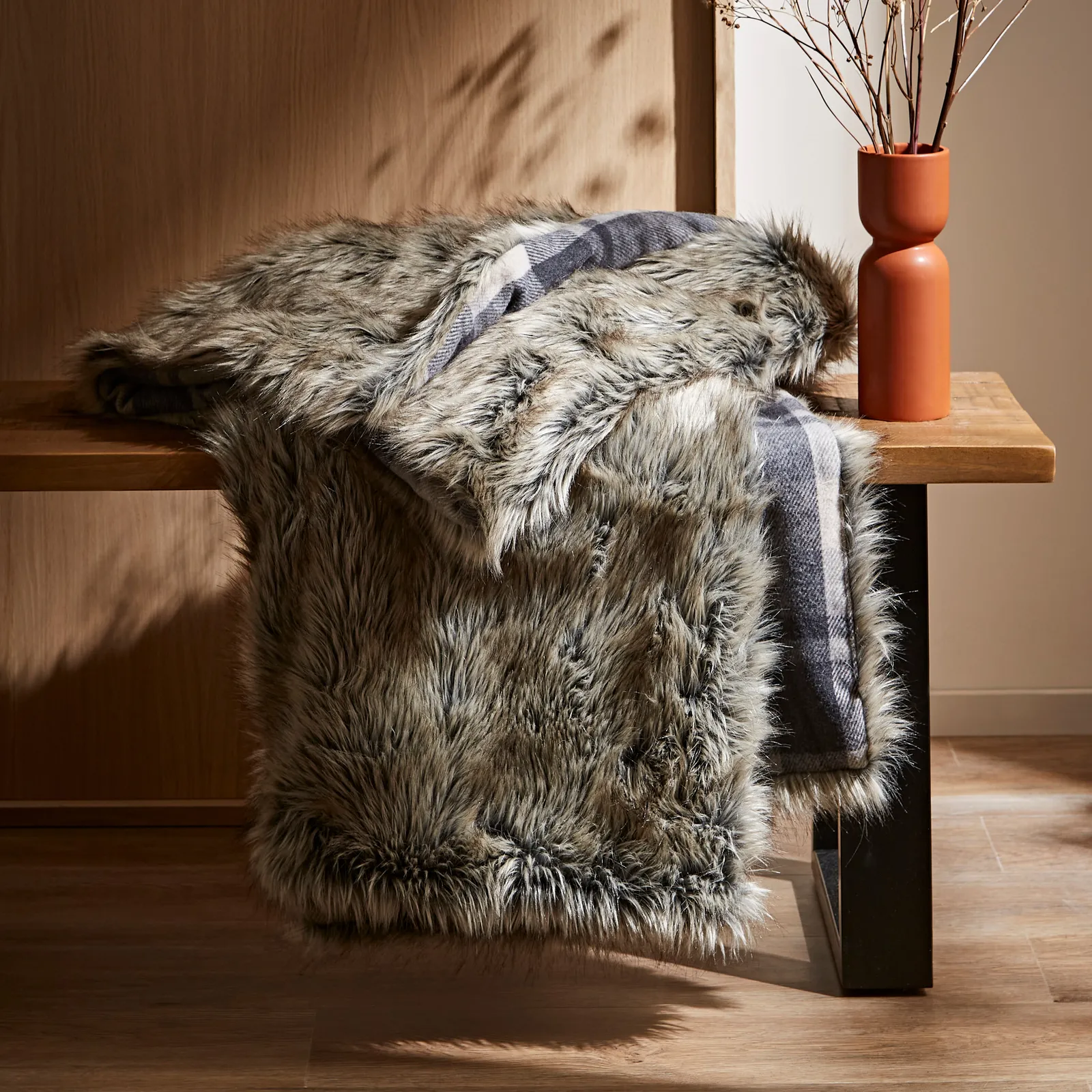 Alpine Check Faux Fur Throw Grey
