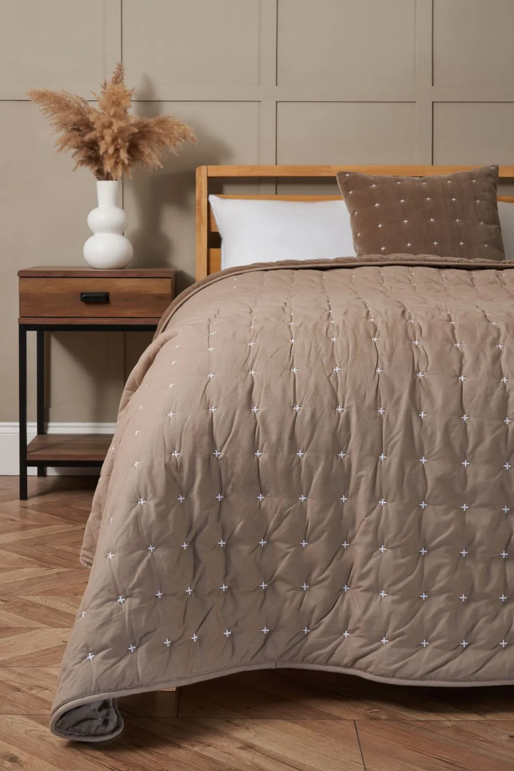 BHS Cross Stitch Quilted Bedspread in Taupe