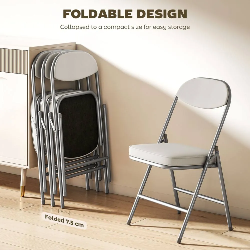 HOMCOM Folding Chairs Set of 4 with Cushioned Seat, Steel Frame in Off-White 5