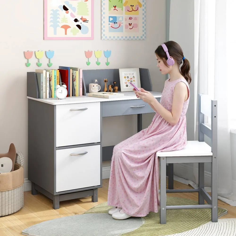 Costway Kid's Study Desk & Chair Set Wooden Activity Table w/ Chair in Grey 4
