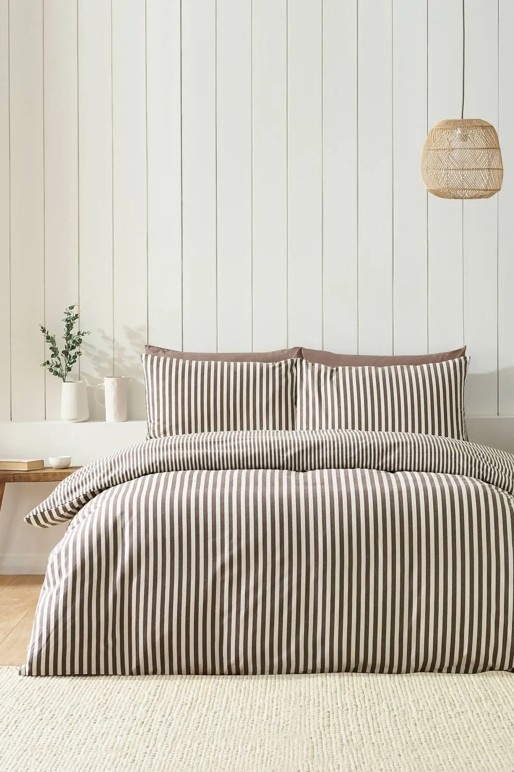 Catherine Lansfield Brushed Stripe 100% Cotton Duvet Cover Set in Chocolate